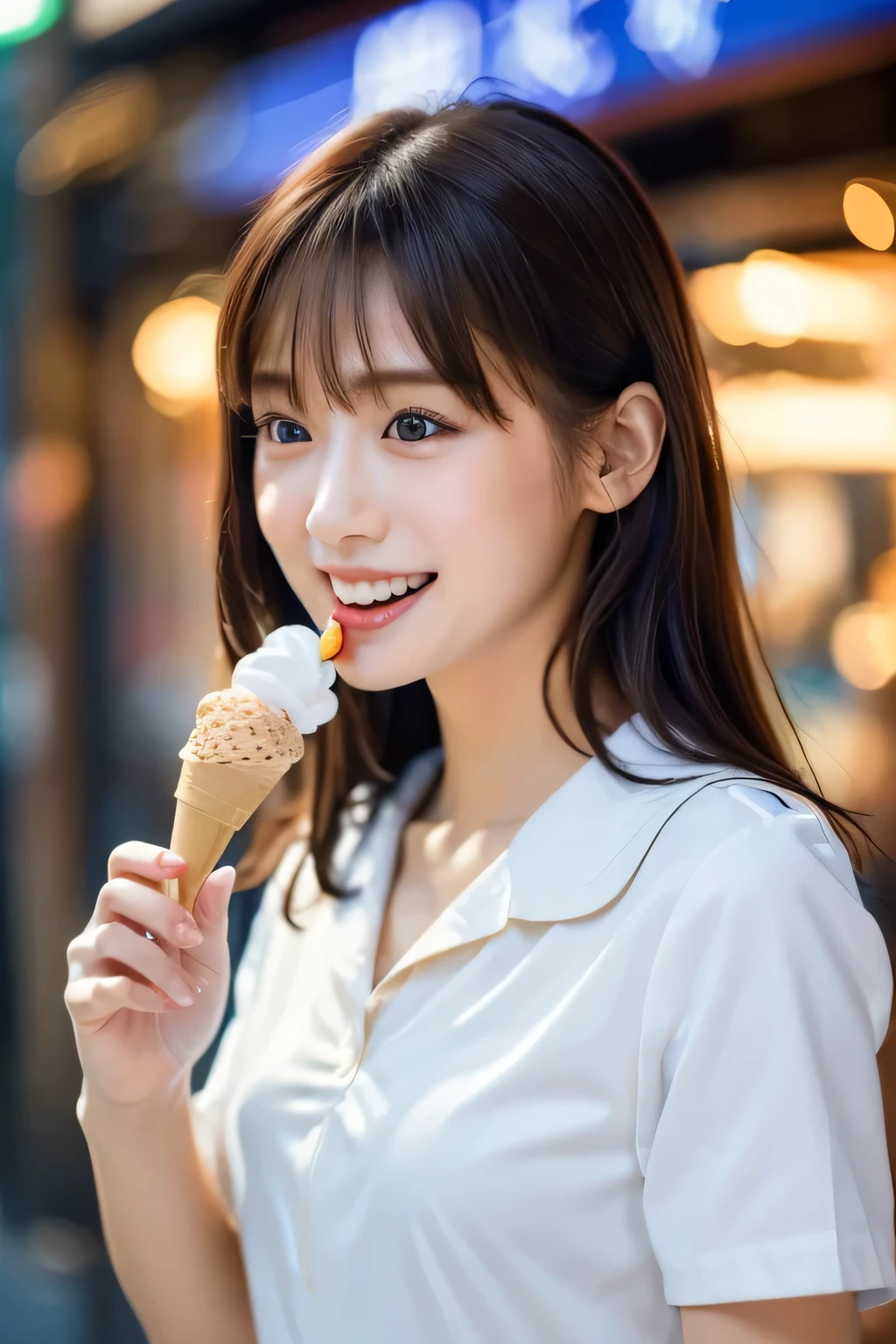 (Beautiful girl eating soft serve ice cream:1.3), (Highest quality:1.4), (Very detailed), (Very detailed美しい顔), Laughing with your mouth open, (Baby Face:1.3), School uniforms, Short-sleeved sailor suit, Take a seat, Great face and eyes, iris, Medium Hair, The Beauty of Japan, (Skinny body type:1.3), (Flat Chest:1.3), (Face close-up:1.2), shinjuku, Passers-by behind, Smooth, Very detailed CG synthesis 8k wallpaper, High-resolution RAW color photos, Professional photography, Light, BackLight, dream-like, impressive, Written boundary depth, Soft-serve ice cream shop, (Shot from afar and to the side:1.3)