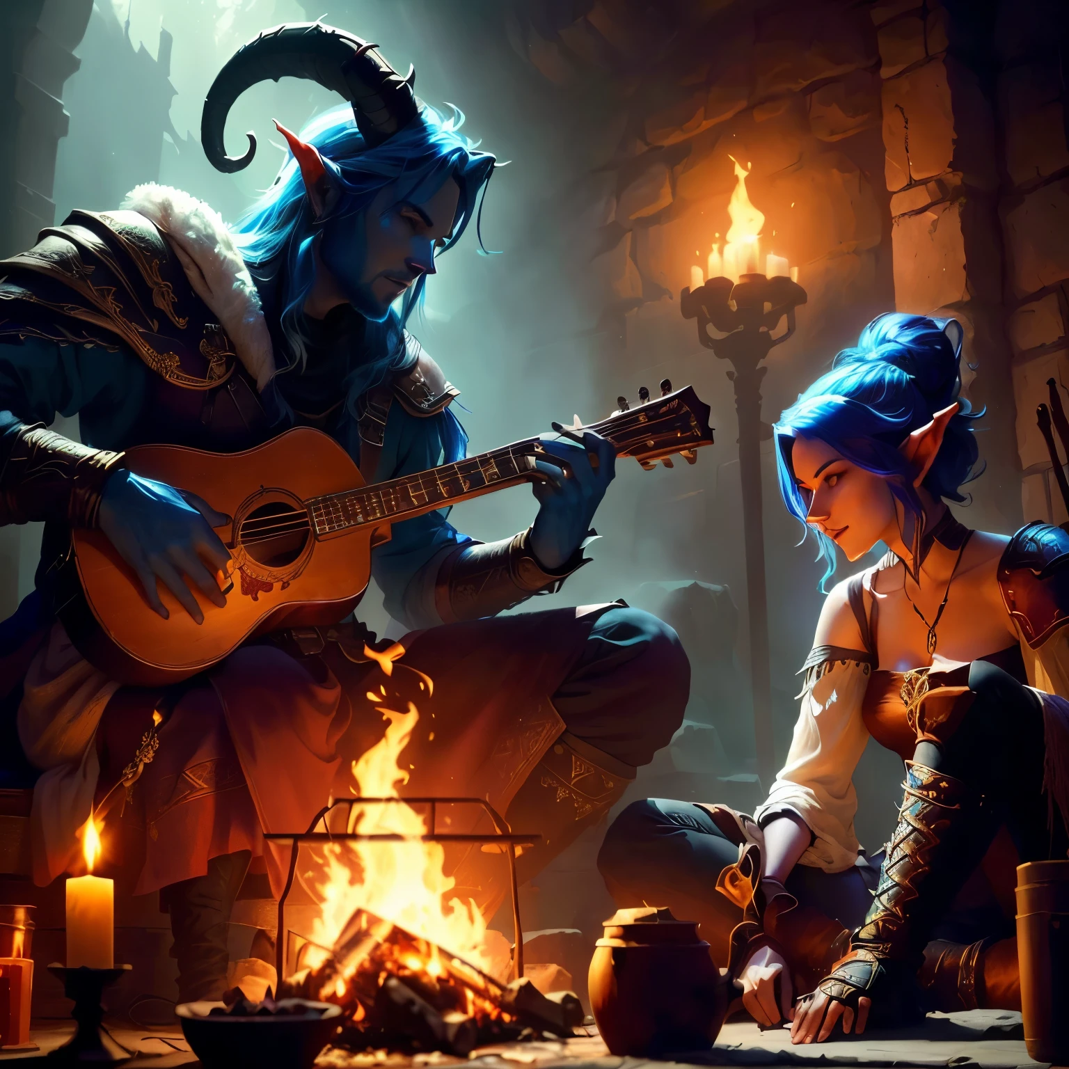 there is a man and a woman sitting by a fire with a guitar, tiefling bard, blue tiefling, tiefling, roleplaying game art, d & d fantasy digital art, d & d fantasy digital painting, great fantasy mood, dnd fantasy digital art, fantasy art behance, alluring tiefling druid, d & d digital painting, medieval fantasy game art