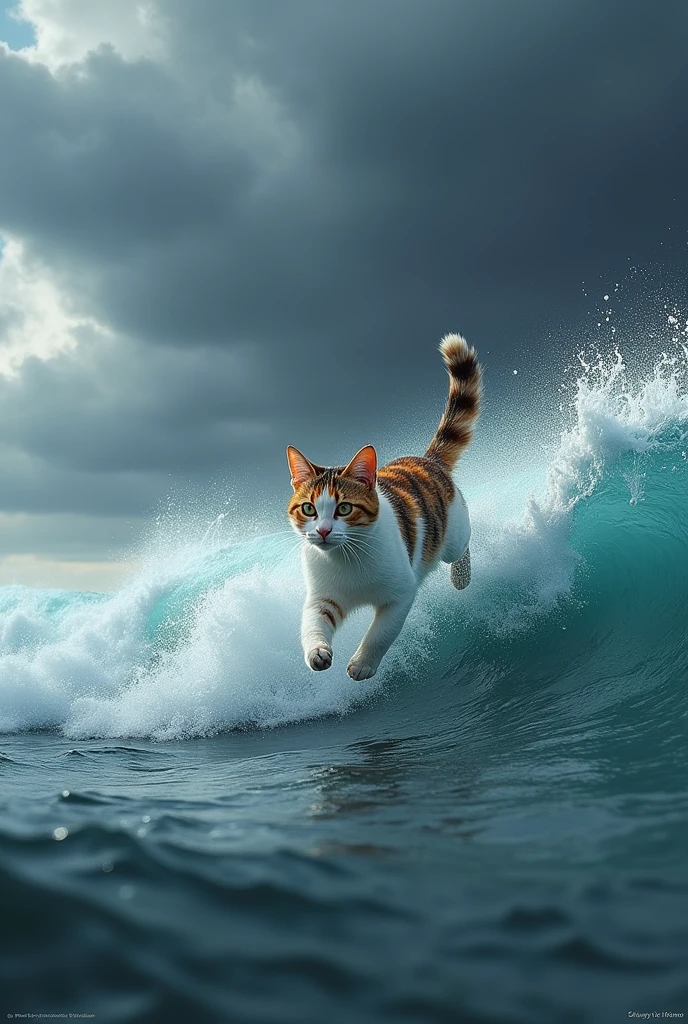 Create a Calico cat running across the ocean on a frigid wind wave in a storm 