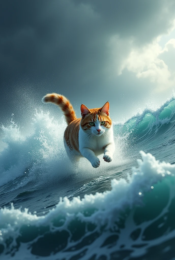 Create a Calico cat running across the ocean on a frigid wind wave in a storm