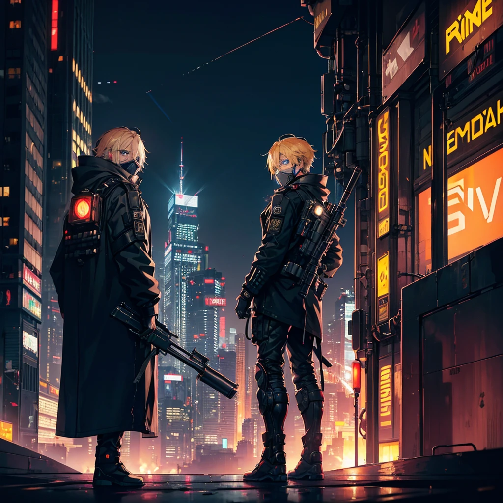 1 male,Adult,blue eyes,gas mask,Golden hair color,Cyberpunk clothing,night,Future City,Standing on a rooftop with a rocket launcher, admiring the view,Looking back,Calm expression,Muscular,tattoo,neon
