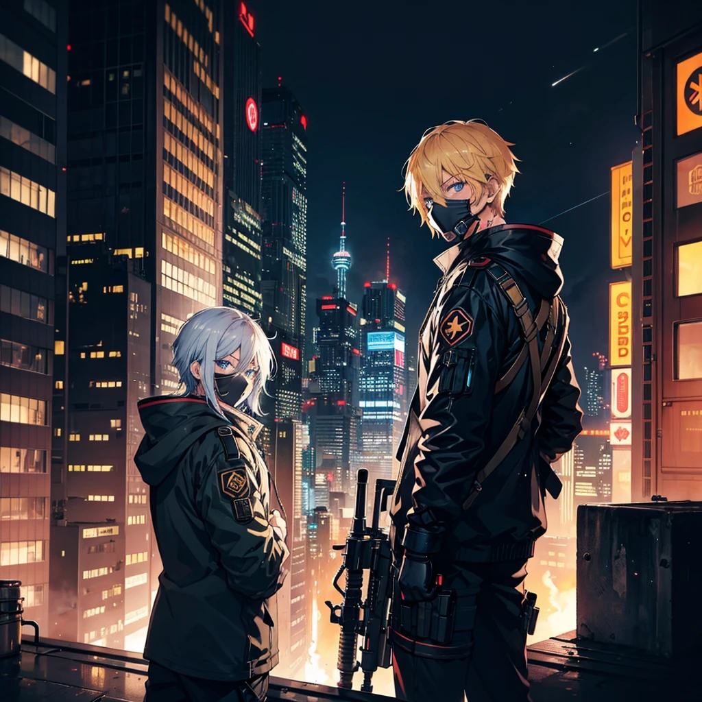 1 male,Adult,blue eyes,gas mask,Golden hair color,Cyberpunk clothing,night,Future City,Standing on a rooftop with a rocket launcher, admiring the view,Looking back,Calm expression,Muscular,tattoo,neon