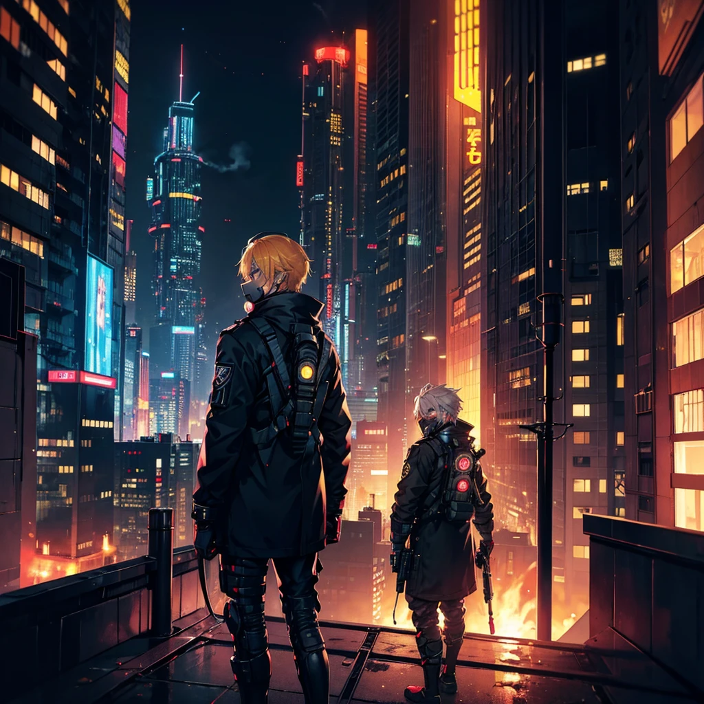 1 male,Adult,blue eyes,gas mask,Golden hair color,Cyberpunk clothing,night,Future City,Standing on a rooftop with a rocket launcher, admiring the view,Looking back,Calm expression,Muscular,tattoo,neon