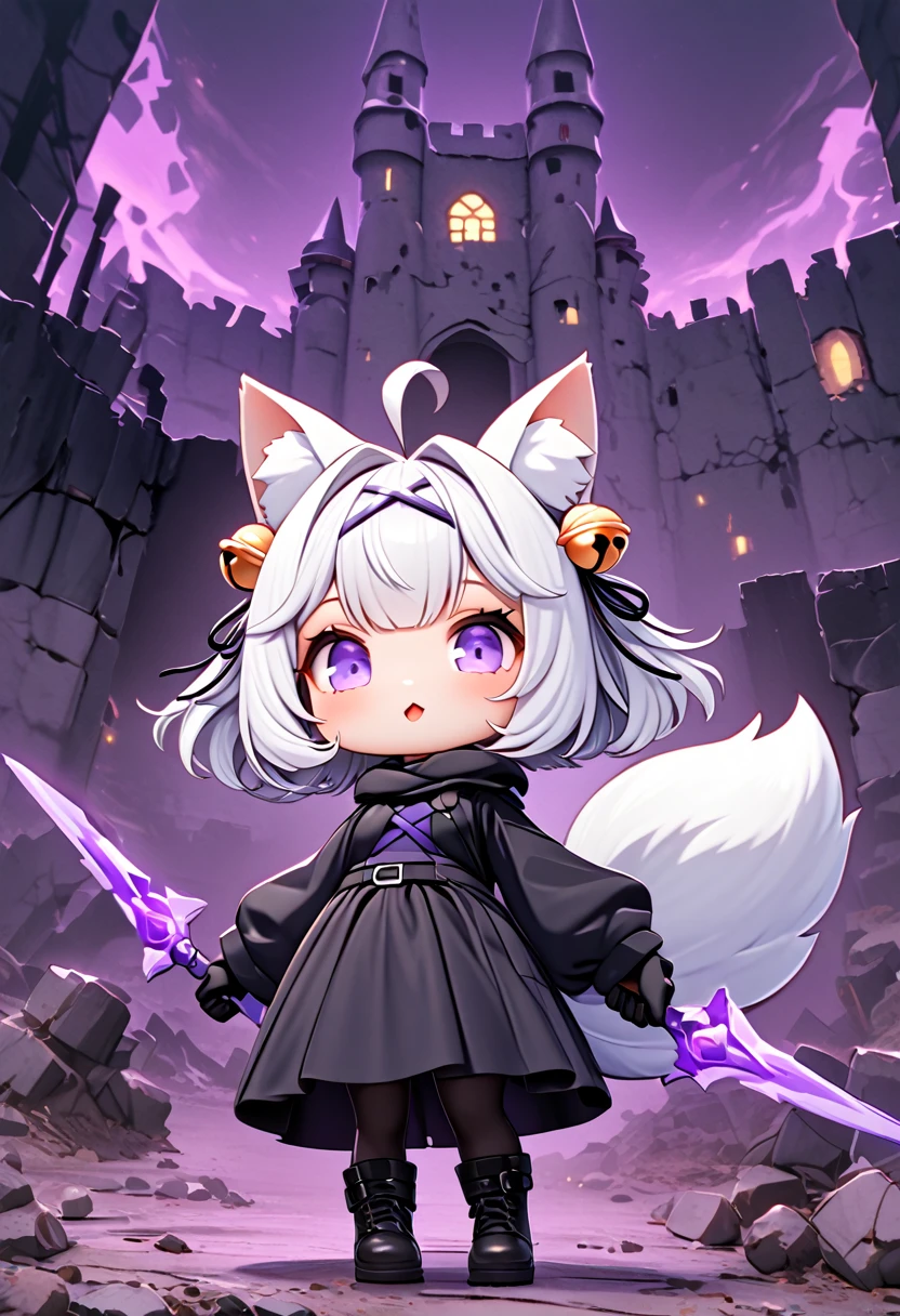 master piece, best quality, ultra-detailed, illustration, midnight, battlefield, gloomy atmosphere, broken castle, broken walls, ruins, purple flames, 1girl, solo, chibi, (big head), cute pose, front view, looking at viewer, ((full body Close up)), chubby, fat, filian, filianoverall, Filiansailor, ((white hair)) , short hair, shoulder length hair, fly-away hair, bangs, (hairclip), (purple hair ornament), cat ears, (hair bell:1.3) ahoge, purple eyes, open mouth, smiling, (white fluffy fox tail), (black tattered robe), long gown, black arm sleeves, (black gloves), both hands wielding purple flame orb, black stockings, black boots,