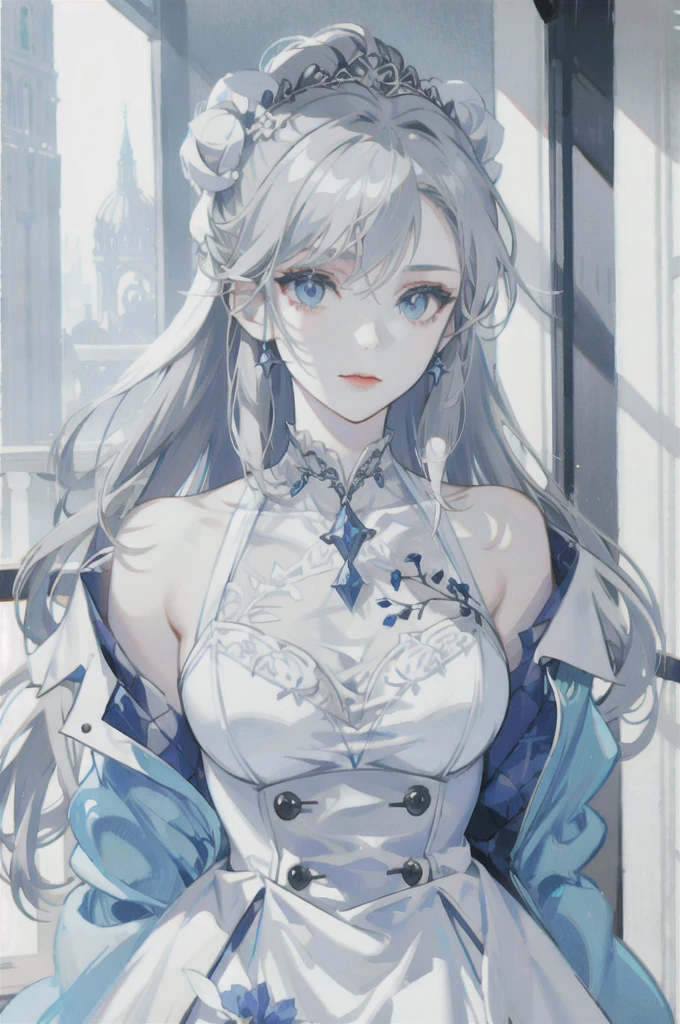 Gray-haired woman, Light blue eyes, White skin, young woman, alone, beautiful，Bangs between the eyes, 