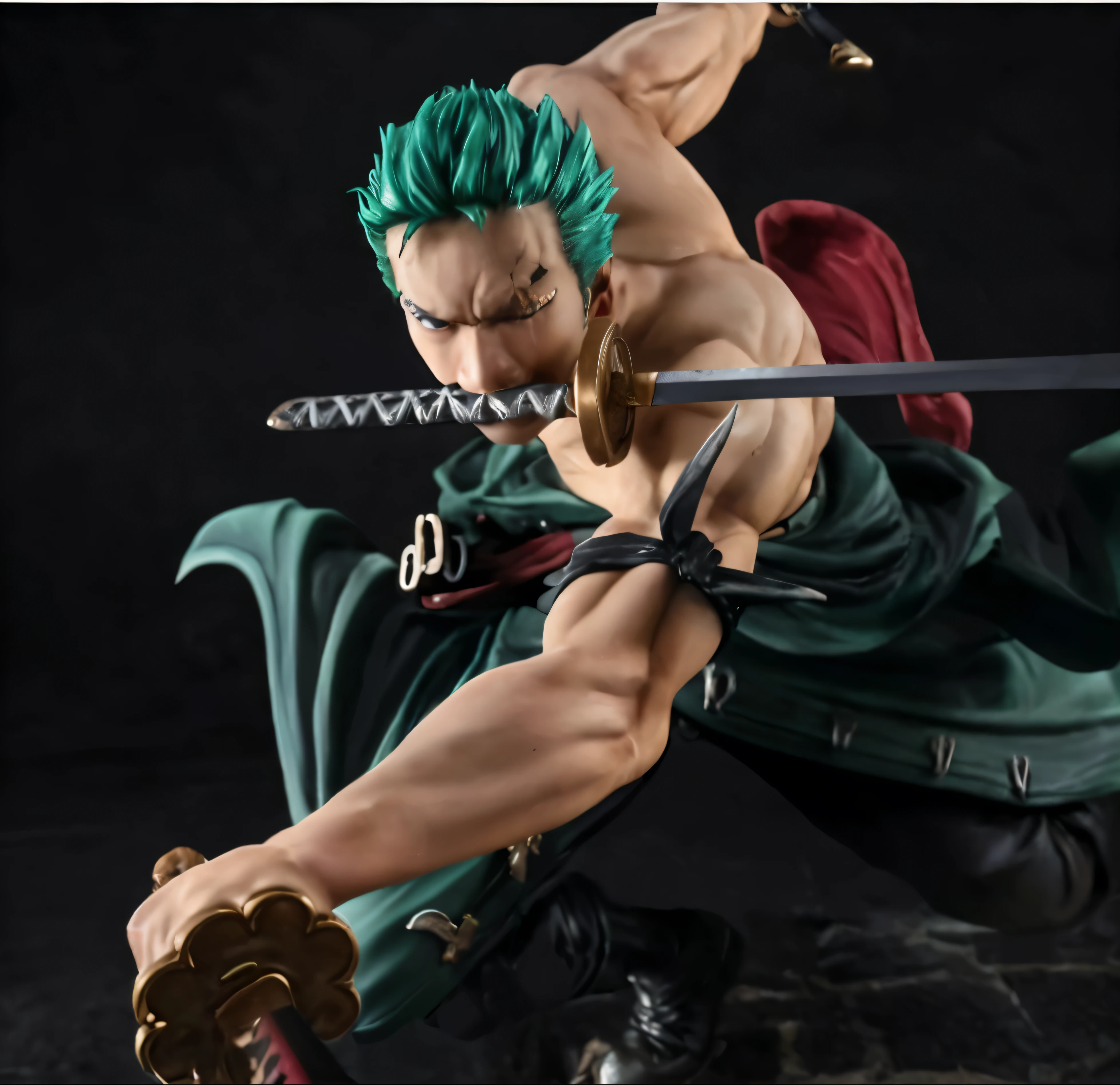 anime one-piece、Roronoa Solo、The left eye is closed、Scar on the closed left eyelid、Hair is green、 A photo of a punk Dutch boy with extremely well-trained muscles, Analog Style, Eye focus, Highest quality, (Very detailed skin), Perfect Face, Captivating eyes, (Earrings:0.5), indoor、 (Bokeh:0.6), Sharp focus, Dappled Lighting, (Backlight:0.7), Film Grain, Shot with Sony A7R IV, 18mm f/1.Photo of a punk Dutch boy with extremely beautiful white skin, 7 cine lens, (Very detailed, Exquisitely crafted), 8k, High resolution, Pose with a Japanese sword, Full body front view