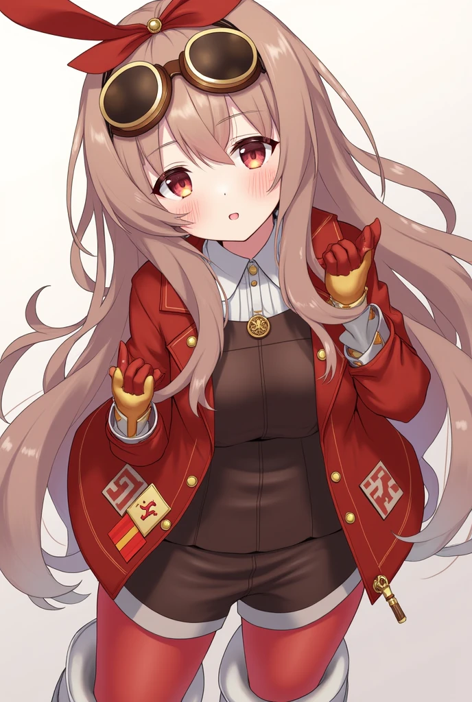 https://genshin-impact.fandom.com/wiki/Amber She have a brown hair and wears a red bow that is shaped like a bunny ears, brown pilot goggles, two small bags with leather belts, a red and brown glove, a Pyro sigil emblazoned on the red and orange ribbon, red jacket with long sleeves, a dark brown jumper outfit, and red stock on the white boots has symbols on it. She have a lesbian pin on her jacket and shyly smiles blushing. She have long brown hair!