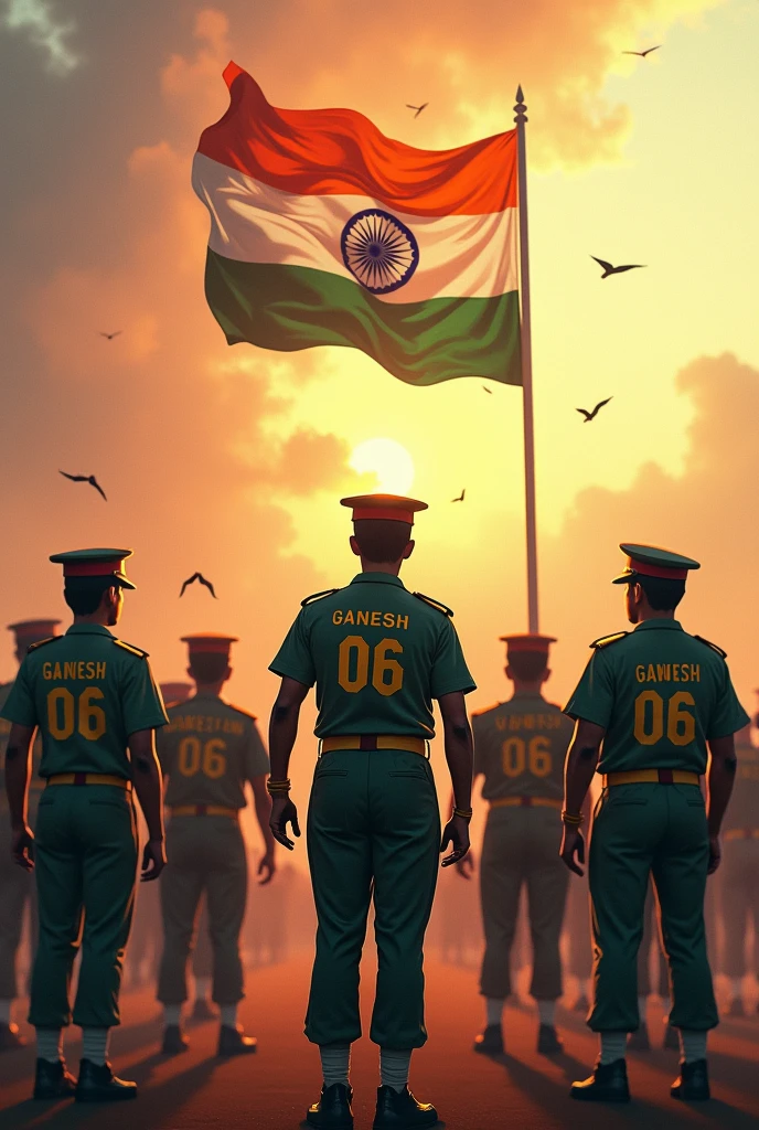 Create a indian army academy young men salute bright mesmerizing Indian flag celebrated in independents day.. young men having backside view of jersey "Ganesh 06 "