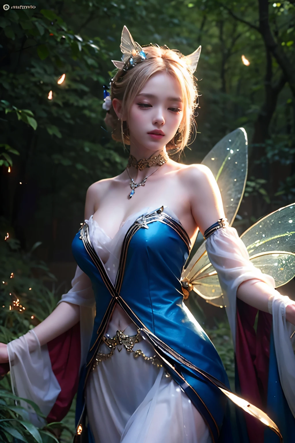 Beautiful fairy, surrounded by fireflies, ethereal and dreamy atmosphere