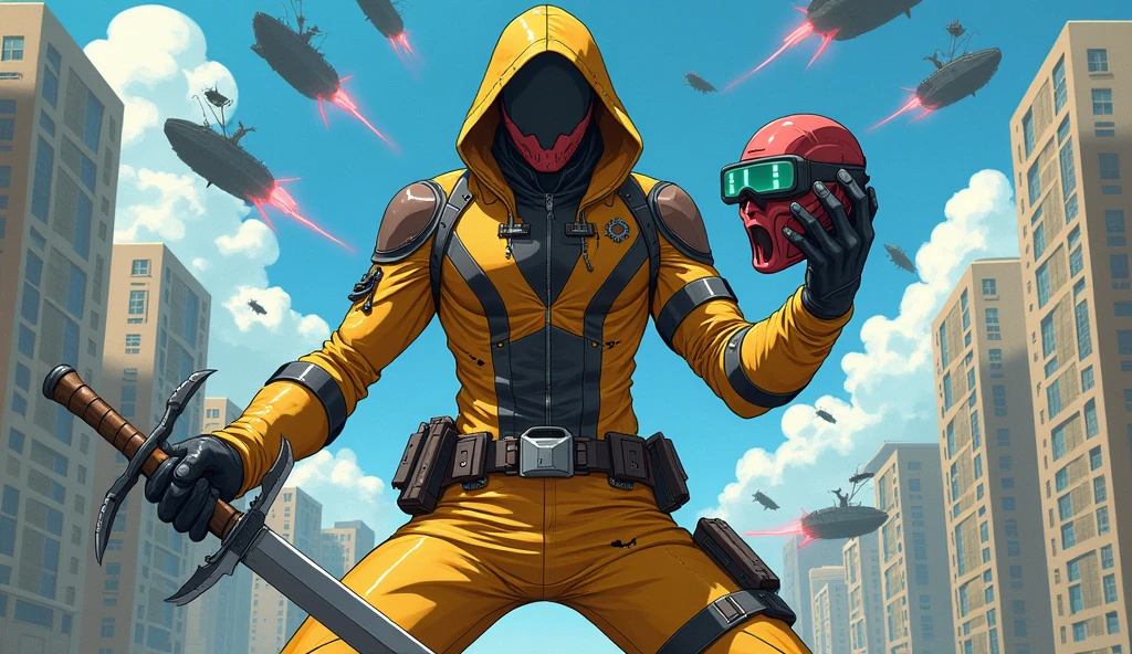 This image needs to be an anime superhero wearing a suit that has to be discovered all over the body it has the colors yellow brown and black he has a utility belt that has several knives inside he is headless but in his right hand he is holding his head that is wearing a mask with digital glasses it covers the entire face the symbol in the center of his suit is a skull with a knife stuck in the skull in his left hand he is holding a sword and has several knives arrows bullet holes stuck in him in the background there are several clones of him releasing random powers they are in a city and above them there are several ships with monsters