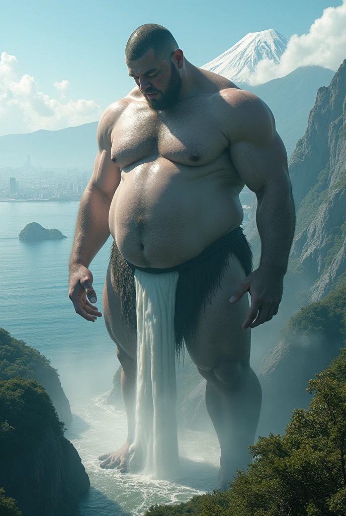 Mountainより大きな巨人　Mountain　Ocean　island　諸island　aerial photograph　Huge belly　Takashi々A firm penis　Bend　semen　Masturbating with both hands　White painted city　male　Loincloth　富士Mountainを抱える