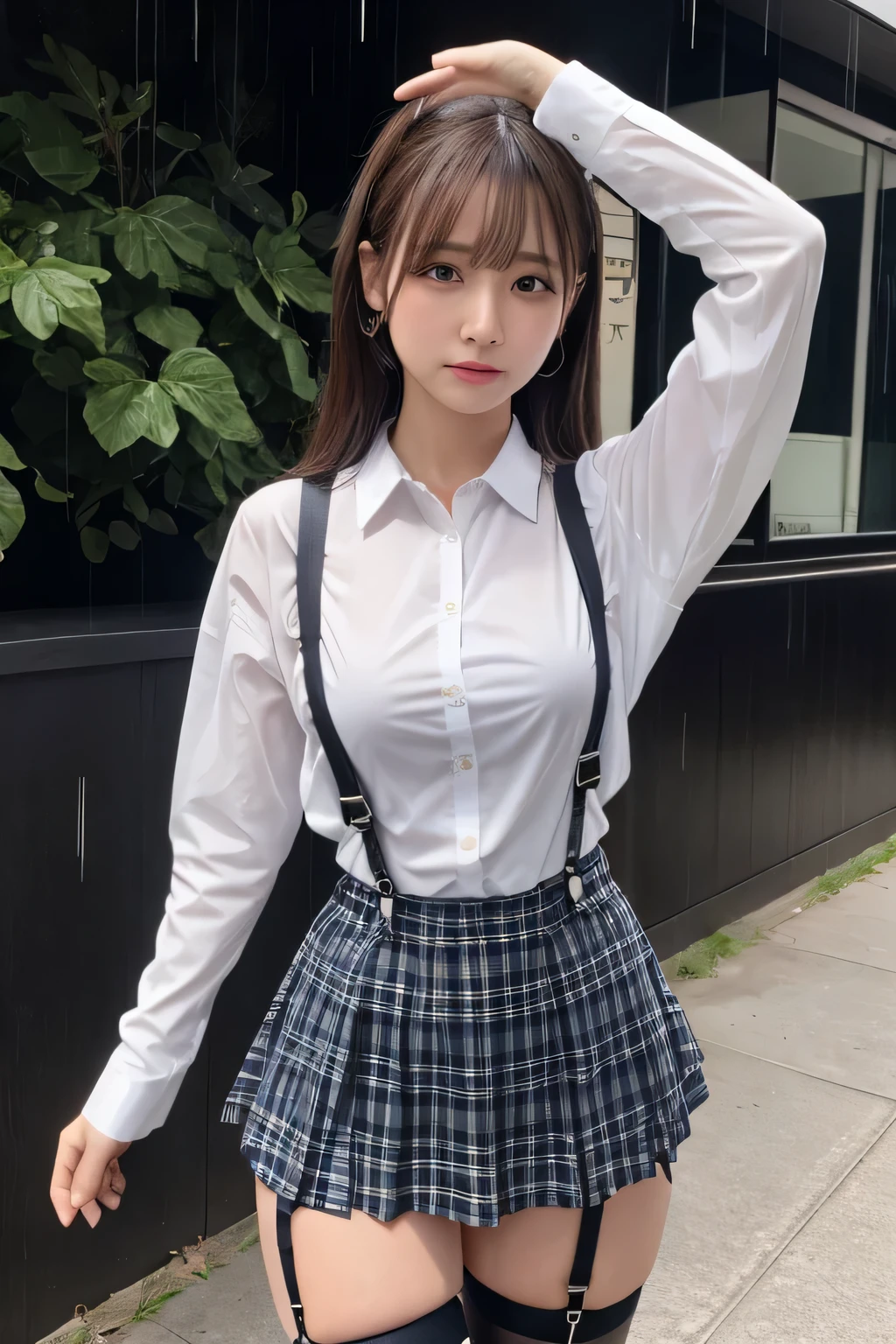 1 female, , high quality, masterpiece, Ultra-high resolution, Cinema Lighting, 1 female, , high quality, masterpiece, Ultra-high resolution, , Cinema Lighting, suspenders　　　Moderate breasts　 　 　　　　　 　　　　Small face　 　　　　　　　　　　　Looking up　　　　Sweat 　　　Thin belt　buzzer　脇Sweat 　　　　 　garter belt　　Belt on pants　　holster　 　　Hands behind your back　 　Looking up　Anxious face　Knee-high　Knee socks　Knee-highソックス 　garter　ふとももにgarter belt　Checkered mini skirt　 　　Panty shot　Skirt gap Armament　　　holster　holster 　　Hands behind your back　 Anxious expression　　Anxious face, legs apart　Armament　　Leg Holster　holster　See-through clothing　heavy rain　Rain-soaked dress shirt,Moderate breasts　ガーターbelt　suspenders　Garter on the thigh　Checkered mini skirt　Looking up　Pause　belt　Armpit sweat　Hands behind back　Raise your hands