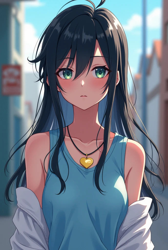 MAAPA ESTUDIOS, haikyuu, 12 year old girl, black hair with side bangs, Long messy hair, green eyes, slanted eyes, clear skin, light blue tank top with a white transparent blouse over it, gold heart pendant necklace