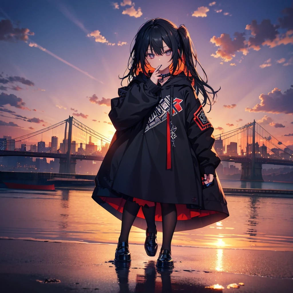 One woman.Punk clothing((Tobacco,Hold in mouth,Close-up)) Long Hair,Black Shining Eyes,blue,Glaring punk-like woman,Black and red hoodie,Drop shoulder,Metallic skirt,Golden chain to attach to skirt,Reflection of light, fishnet tights,Black Loafers,Close-up 背景(Downtown New York,There is a bridge,Sunset and water reflection) Anime Style