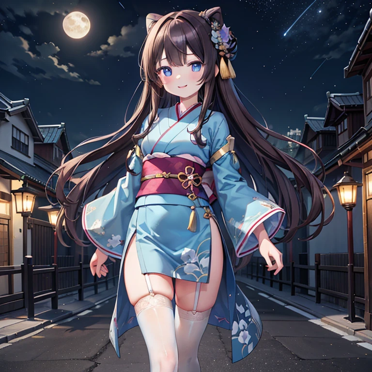 Masterpiece, Best quality, High quality, 1woman, Solo, 21 years old, wears Blue Chinese Kimono, Royal sister, happy expression, shy smile, has long Brown hair, has Blue eyes, light pink lips, fishnet stockings, calm, intellectual, wears lace gloves, walking, Chinise Houses on the street, street view, facial details, Lantern lapms lights, Night, Full Moon on the sky