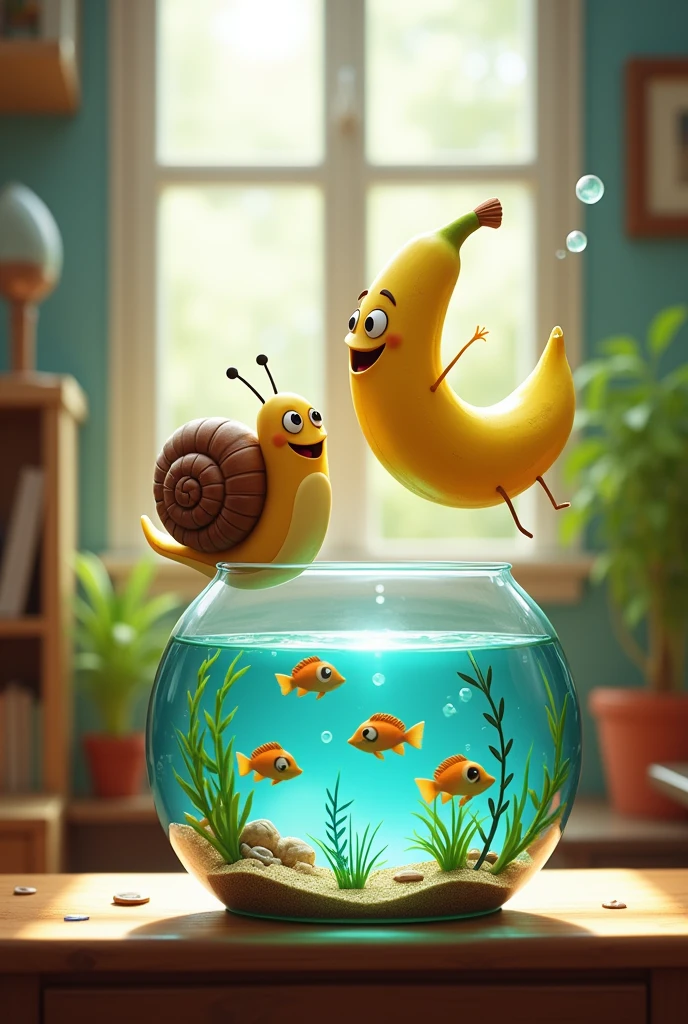 Generates an animated snail and banana character jumping into a fish tank