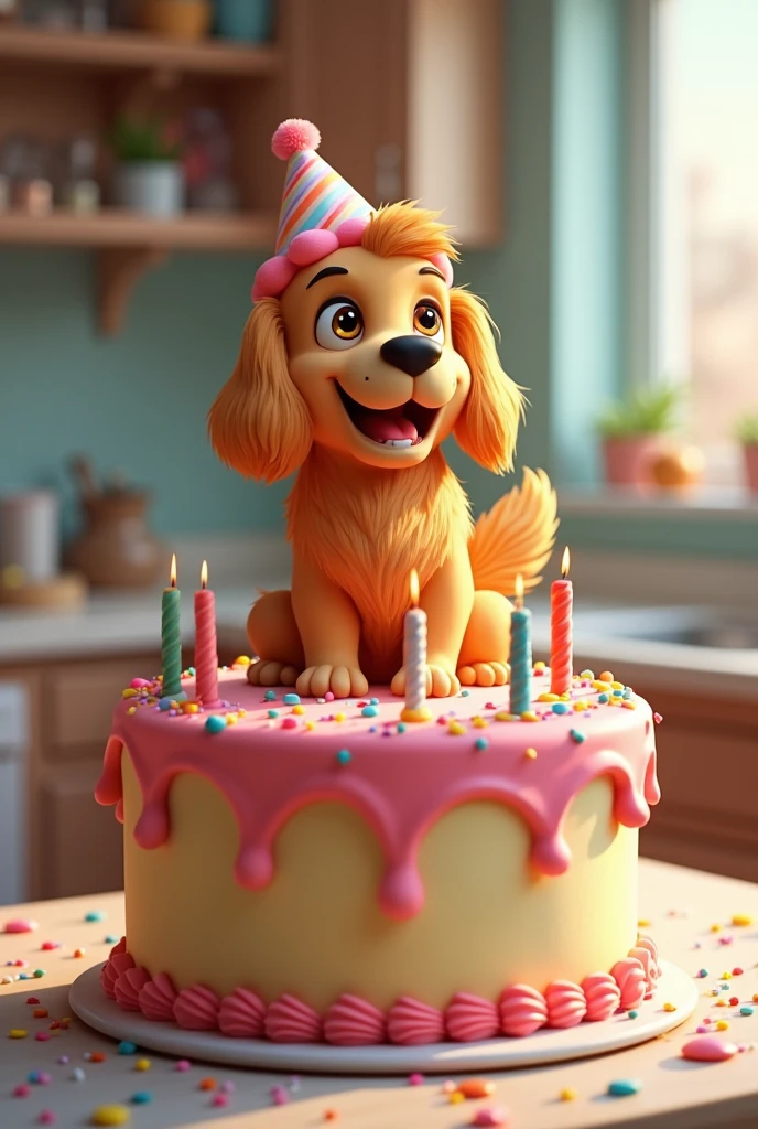 A birthday cake with a dog on top