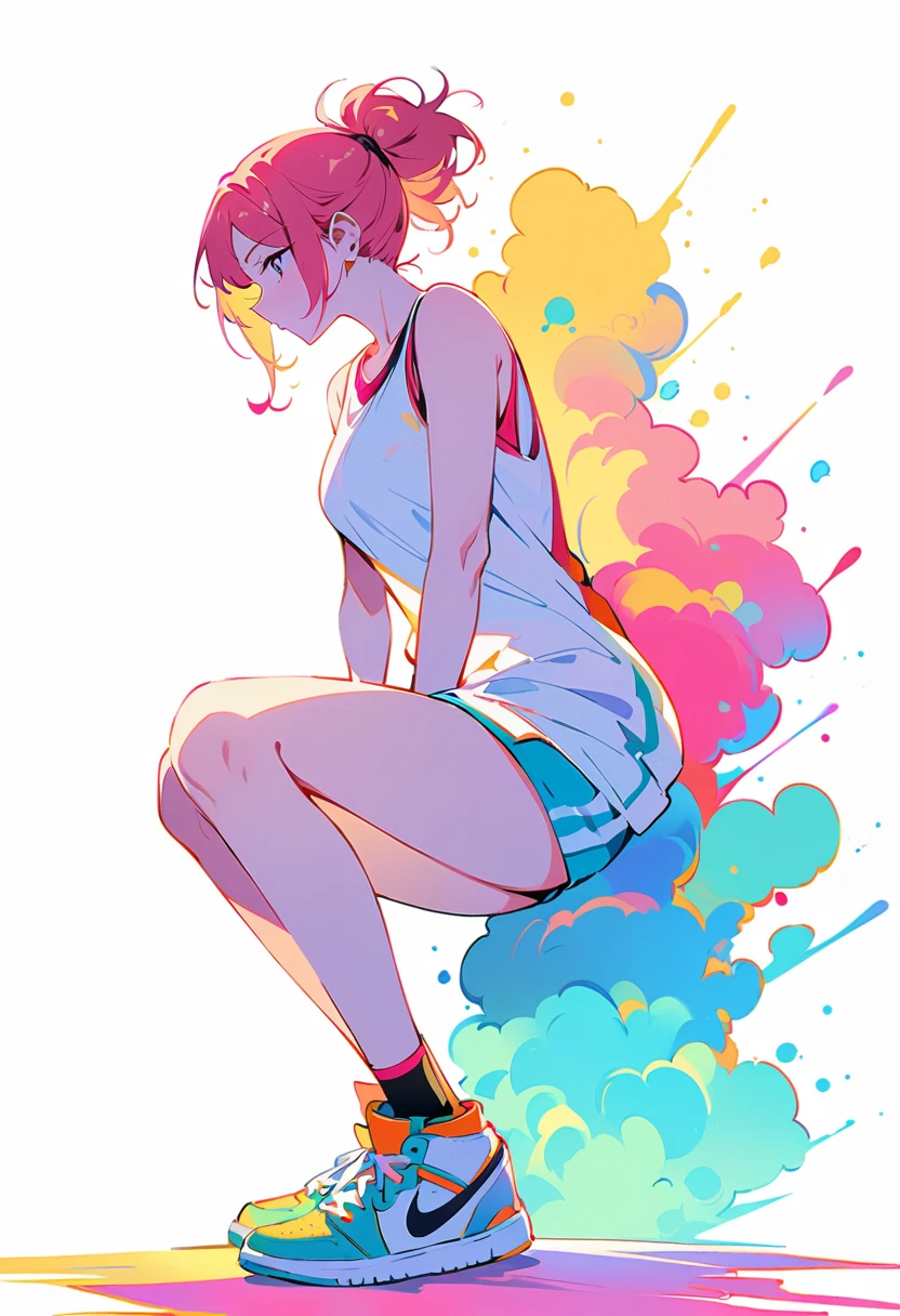 (masterpiece, Highest quality:1.2), ((Sexy and sporty woman)),1 person, A loose fitting jumper, short, Basketball Shoes, Ankle socks, whole body, colorful,Beautiful composition,Beautiful silhouette,Anatomically correct skeleton