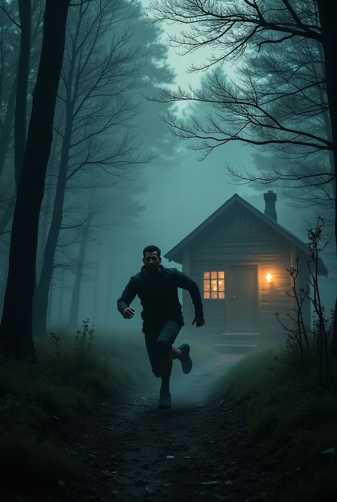 Man running in a dark forest with tress an come back to his cabin