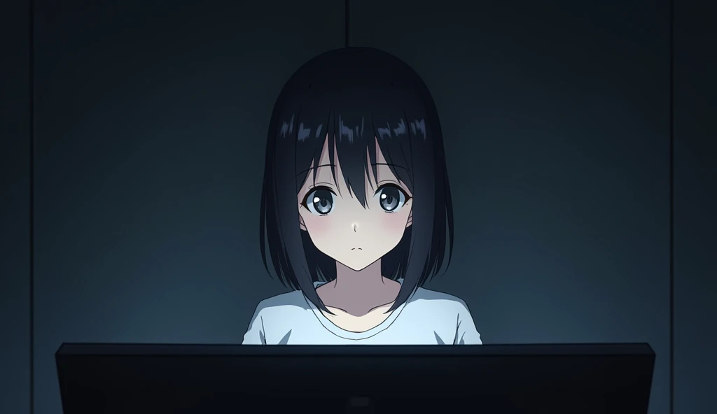 One person, View from a computer monitor,Front shot,A woman looking into a monitor,A round, heavy bob haircut,19 years old,White T-shirt,Dark Room,Anime Style,High resolution,