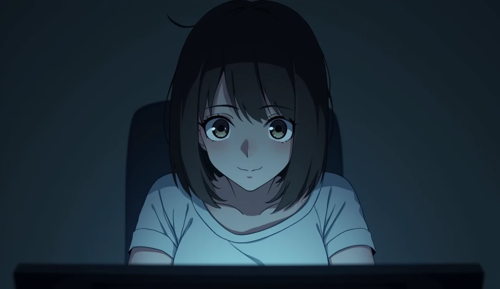 One person, View from a computer monitor,Front shot,A woman looking into a monitor,A round, heavy bob haircut,19 years old,White T-shirt,Dark Room,Anime Style,High resolution,