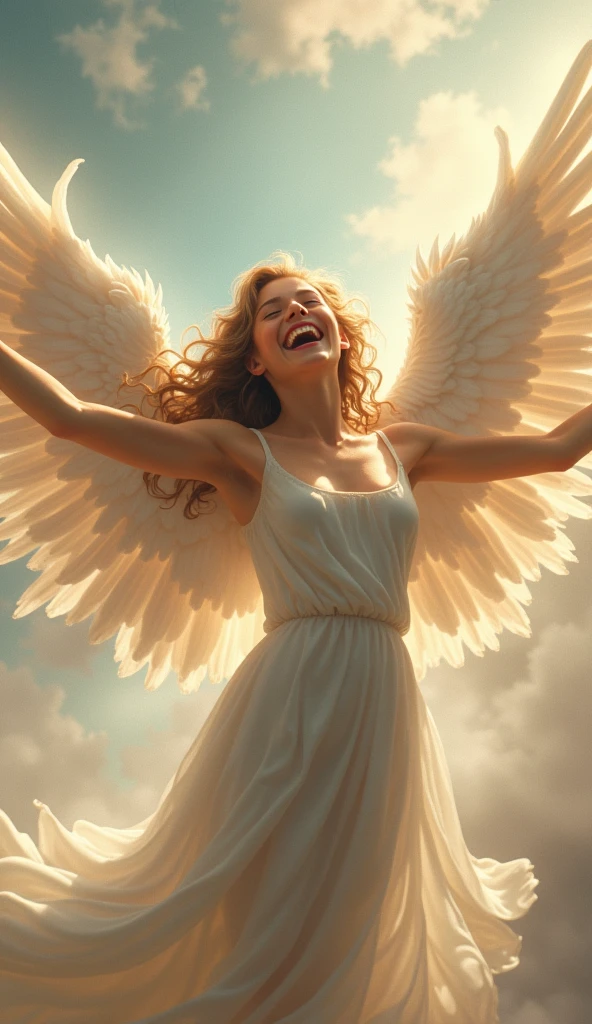 ((Highest quality)),(Ultra-high resolution),(Ultra-detailed),(Detailed depiction),((Best Photos)),(A masterpiece of art),Ultra-detailed art,The art of astonishing depiction, (1 Female Angel:1.5),Laughter,Spread your wings,Spread your wings羽