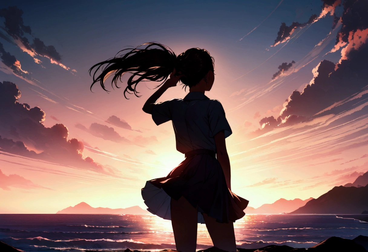 Highly detailed CG Unity 8k wallpaper), coastal,Beautiful young woman in sunny weather, Back view,skirt, stand, Brush your hair up、full_body, dramatic, バックLight, Light, Volumetric Lighting, Simple Background、sunset、horizontal line、