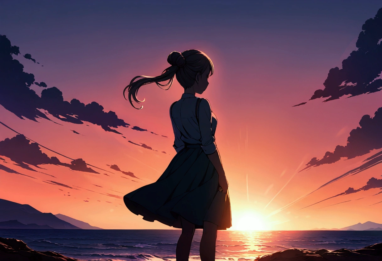 Highly detailed CG Unity 8k wallpaper), coastal，Beautiful young woman in sunny weather, Back view,skirt, stand, Brush your hair up、full_body, dramatic, バックLight, Light, Volumetric Lighting, Simple Background、sunset、horizontal line、
