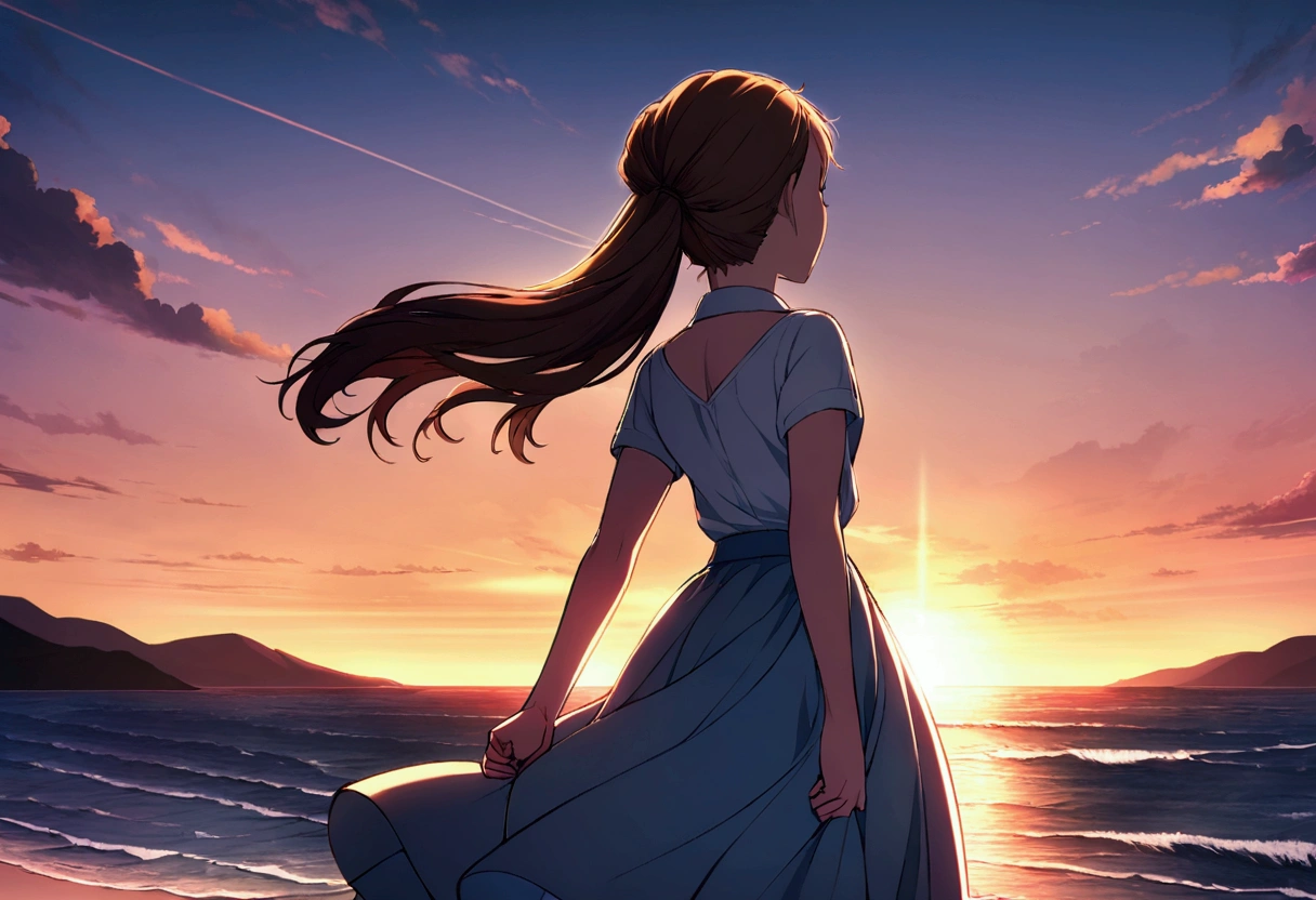 Highly detailed CG Unity 8k wallpaper), coastal,Beautiful young woman in sunny weather, Back view,skirt, stand, Brush your hair up、full_body, dramatic, バックLight, Light, Volumetric Lighting, Simple Background、sunset、horizontal line、