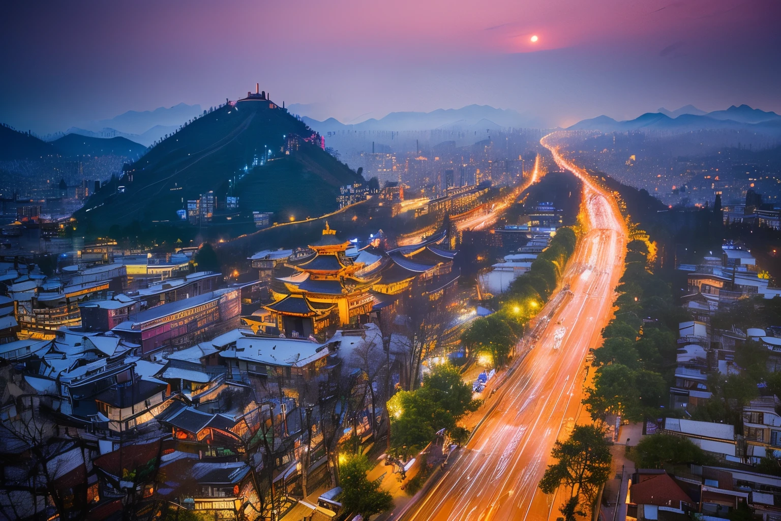 arafed view of a City street at night with a mountain in the background,  Dreamy Chinatown, City twilight landscape, twilight City on the background, City, cinematic landscape, City夜景，Bright Lights，Night view of the West Jin Ferry in Zhenjiang, Jiangsu，Detailed Details，Best quality，Perfect color matching，Cinematic atmosphere，Masterpieces shot by international photography masters，National Geographic Photography Award Winners