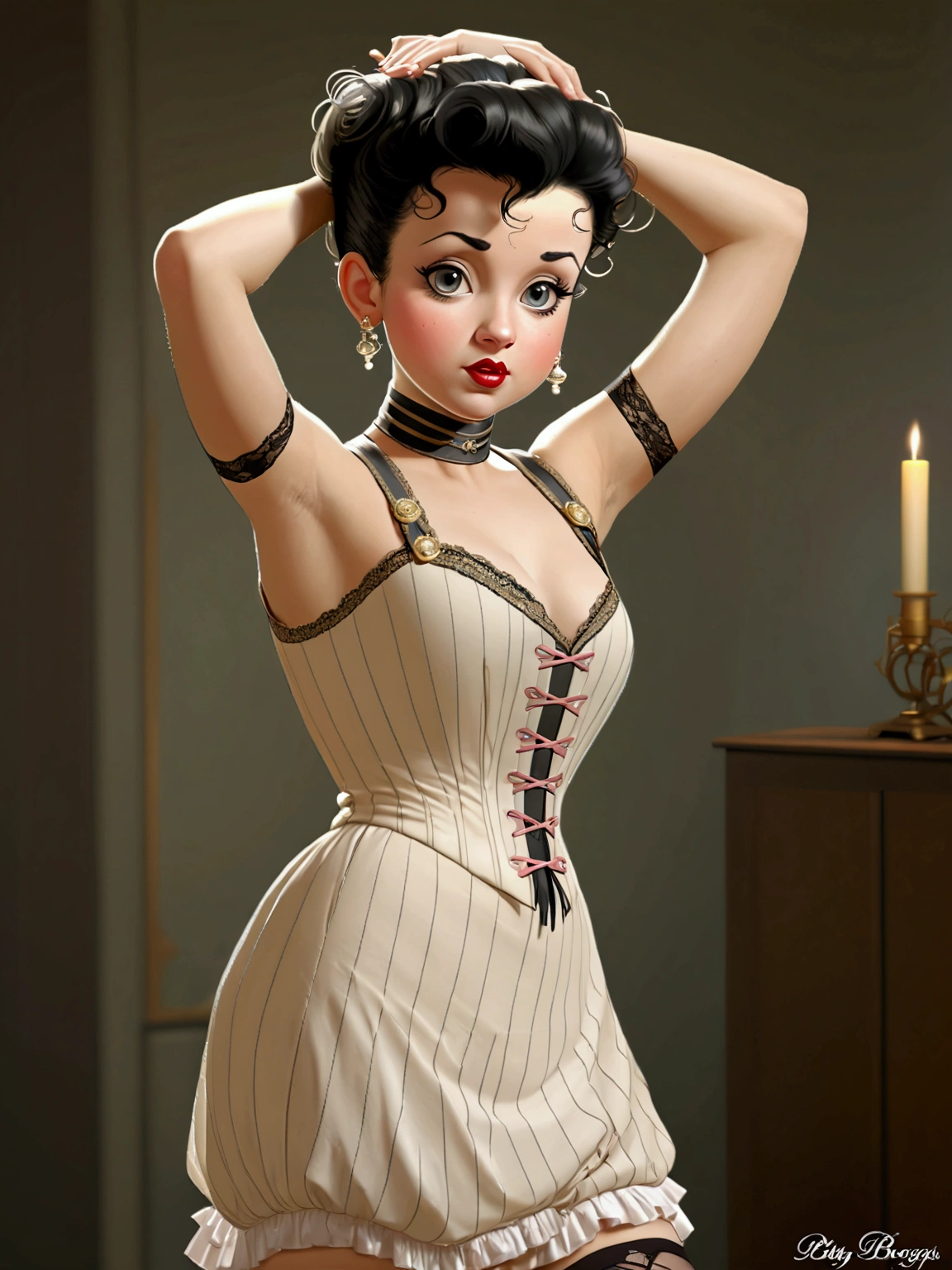 (masterpiece), (realistic), (((NSFW))). (ultra hd 8k), (realistic body proportions). Betty Boop as a **** teenage Gibson Girl wearing her Edwardian lingerie. Year 1906. Bullet brassiere, S-bend corset, high-waisted bloomers, silk stockings wth garters, high-button boots. Long brunette updo. Large tits, 9-inch wasp waist, bubble butt. (((Bare arms. Full body)))