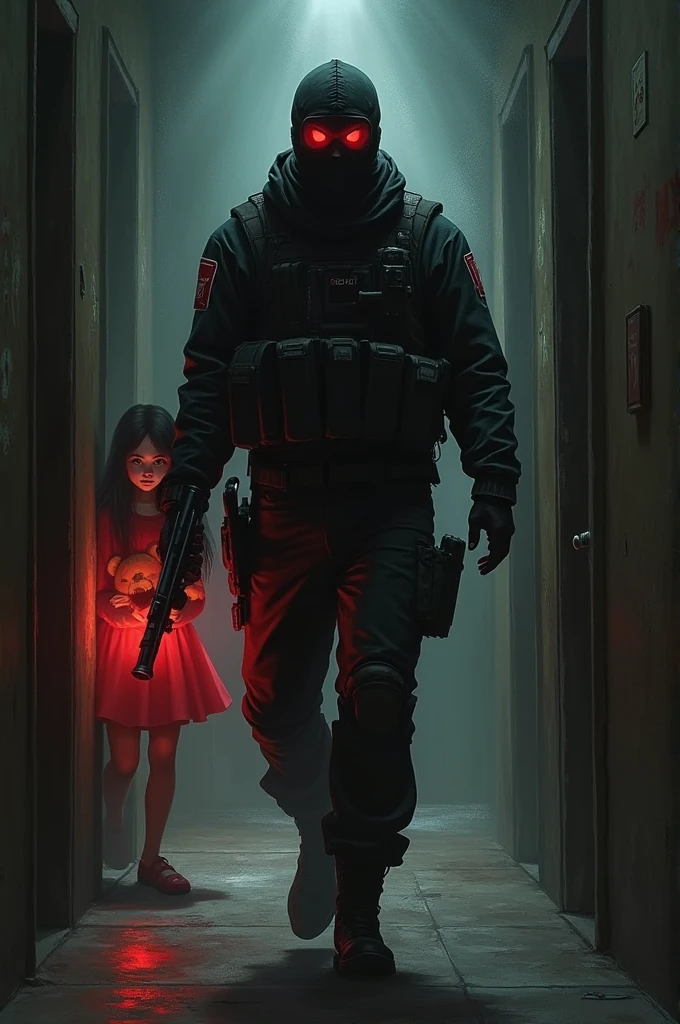 Tall F.E.A.R. Operative wearing black tactical balaclava and red glasses is inspecting dark hallway with raised gun holding flashlight. He is scared and doesn’t notice behind him a little red girl with tall black hair and red dress holding plushie bear. Her skin is pale and her height is short. Her eyes glowing red. She is telekinetic with red aura.
Make it in creepy horror style. 