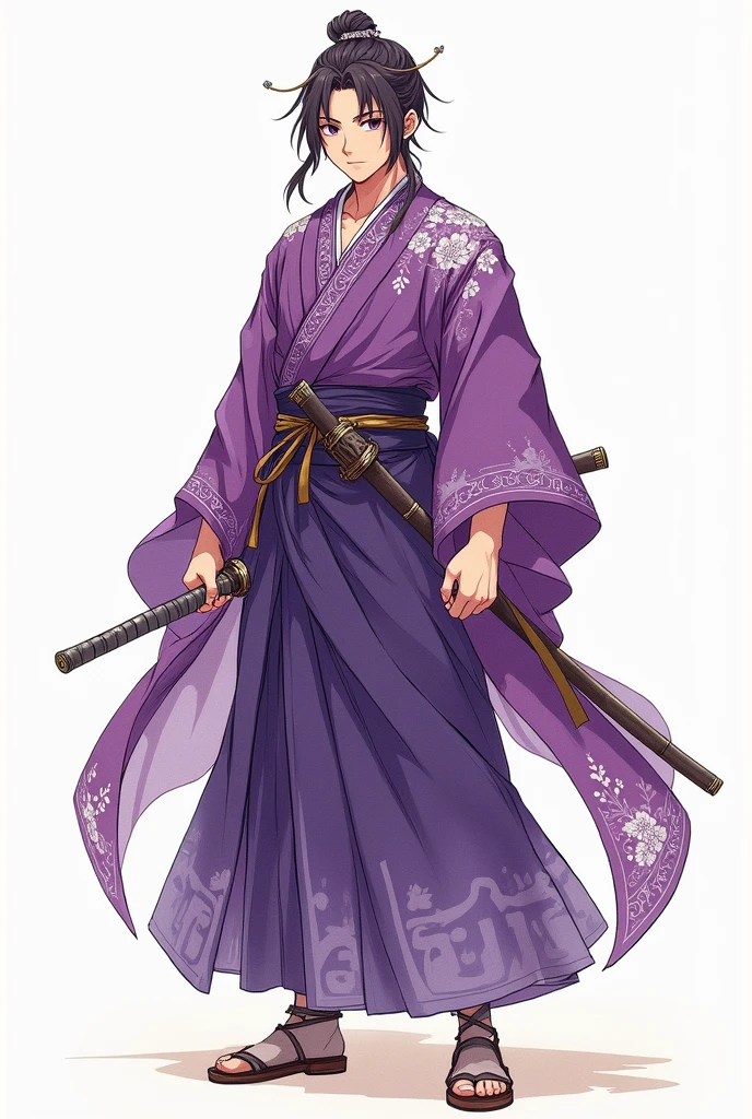 (illustrator) sketsa anime, samurai, kimono, blurple, front position, full body, boy, age 18