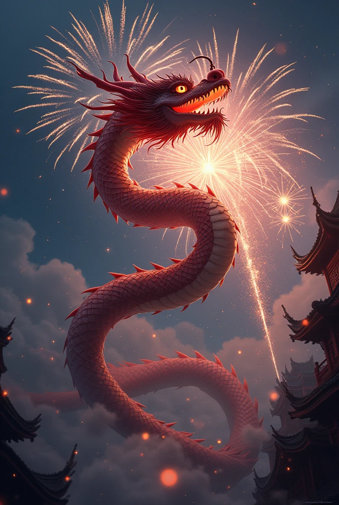 A Chinese dragon dances in the dark night sky, and the New Year's fireworks bloom brightly around it,in style of Alex Alemany, ine details, color grading, 32K HD