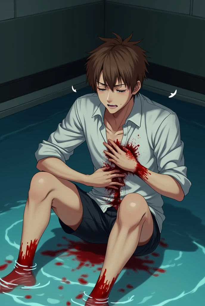2 handsome teenage anime boys, brown hair, 18 years old, painful stab wound in stomach, fainting, bleeding wound, pained and scared expression, blood on floor, bloody white shirt, short pants and no socks, covering wound with shirt, holding wound with bloody hand, sitting in the water pool, slightly spreading blood in water, trail of blood, massive bleeding, detailed facial features, highly realistic, cinematic lighting, dramatic shadows, muted color palette, dramatic composition