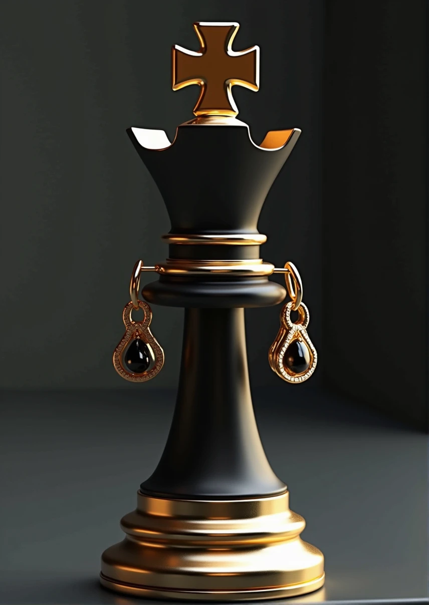 Forma: "Simplify the overall shape of the chess queen but retain the earrings and a necklace. The earrings and necklace should be simple, sleek, and elegant."
Cores: "Use a limited color palette, focusing on black for the queen and a soft gold for the accessories (earrings, necklace, and crown)."
Símbolo: "Stylize and simplify the cross symbol at the top, keeping it minimalistic yet recognizable."
Textura: "Minimize shadows and highlights for a clean, flat look, emphasizing the elegant simplicity of the jewelry."
Design: "Focus on the basic form of the queen chess piece with a minimalistic approach to the crown, but ensure the earrings and necklace are clearly visible and elegant."