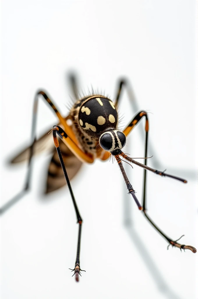 A detailed close-up of a mosquito with striking patterns on its body, set against a pure white background, captured in the style of documentary photography, showcasing every intricate detail of its anatomy