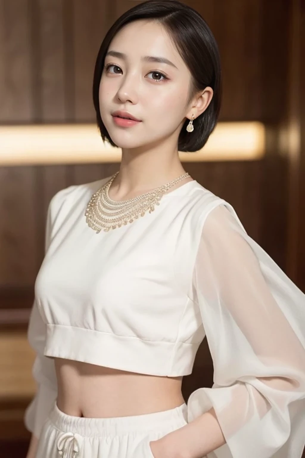 masterpiece, best quality, solo, 1girl, luminous skin, earrings, glamorous, whimsical details, slicked hair, mesmerizing, crop top, long pants, shallow depth of field, contrapposto, professional model, face front, portrait