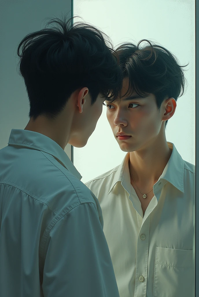Self-Reflection : The young man gazing into the mirror, seeing his own reflection with a look of contemplation, symbolizing his internal quest. In dall e-3 style