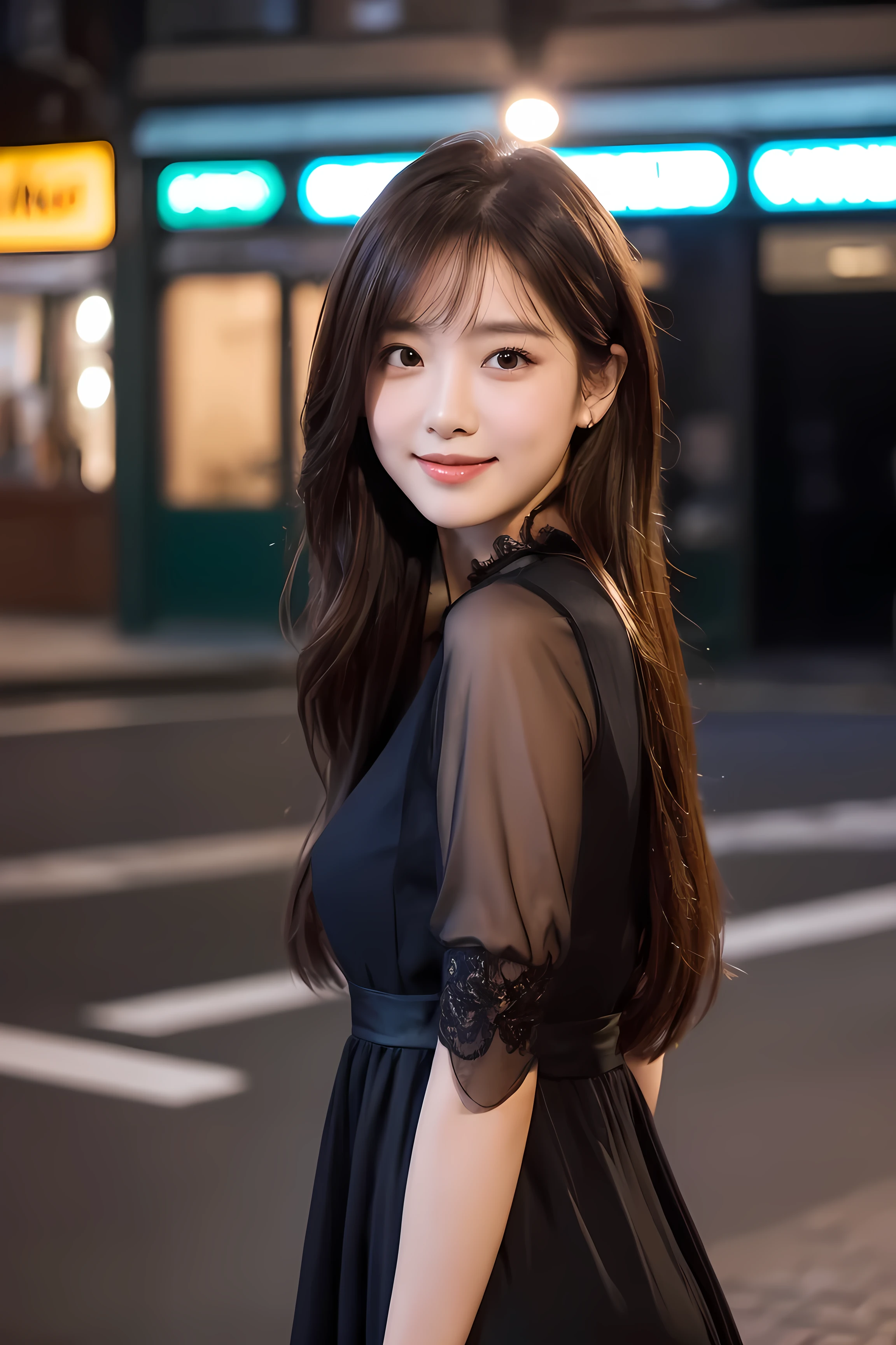 ((best quality, 8k, masterpiece :1.3)), 1 girl, smiling, whole body, face slimming, pretty Woman, (Dark brown hair), full length dress :1.1, Super detailed faces, delicate eyes, double eyelids, blurred background, face slimming, City, external, street,