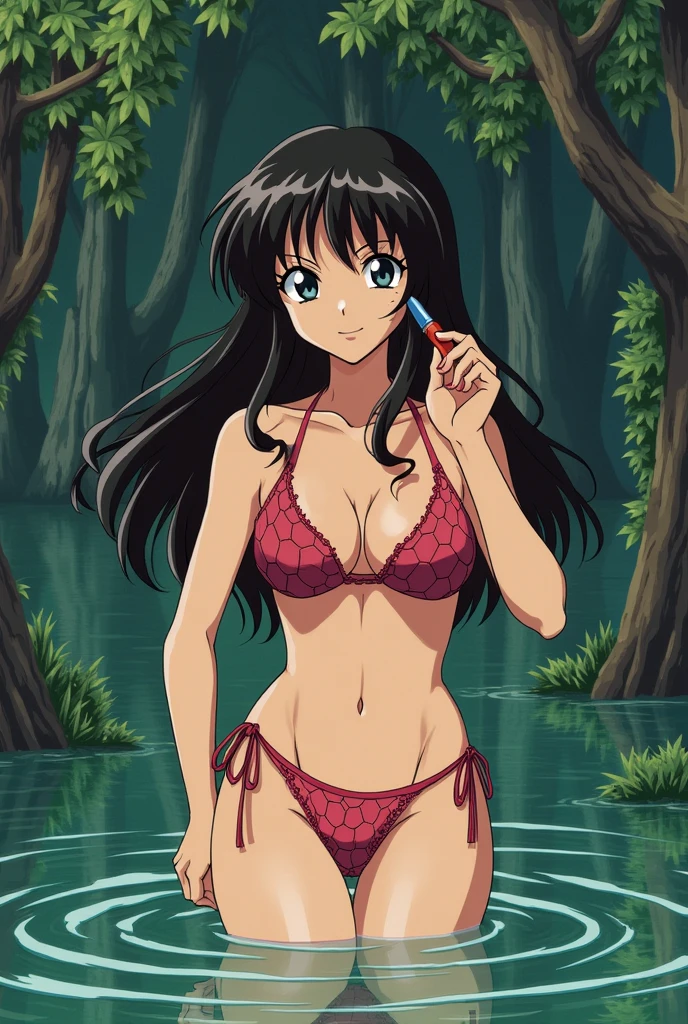 1980s anime screenshot, art by Eichiiro Oda, bikini with hexagons, (mature:0.7), lipstick, swamp, stained glass, hide \(hideout\)