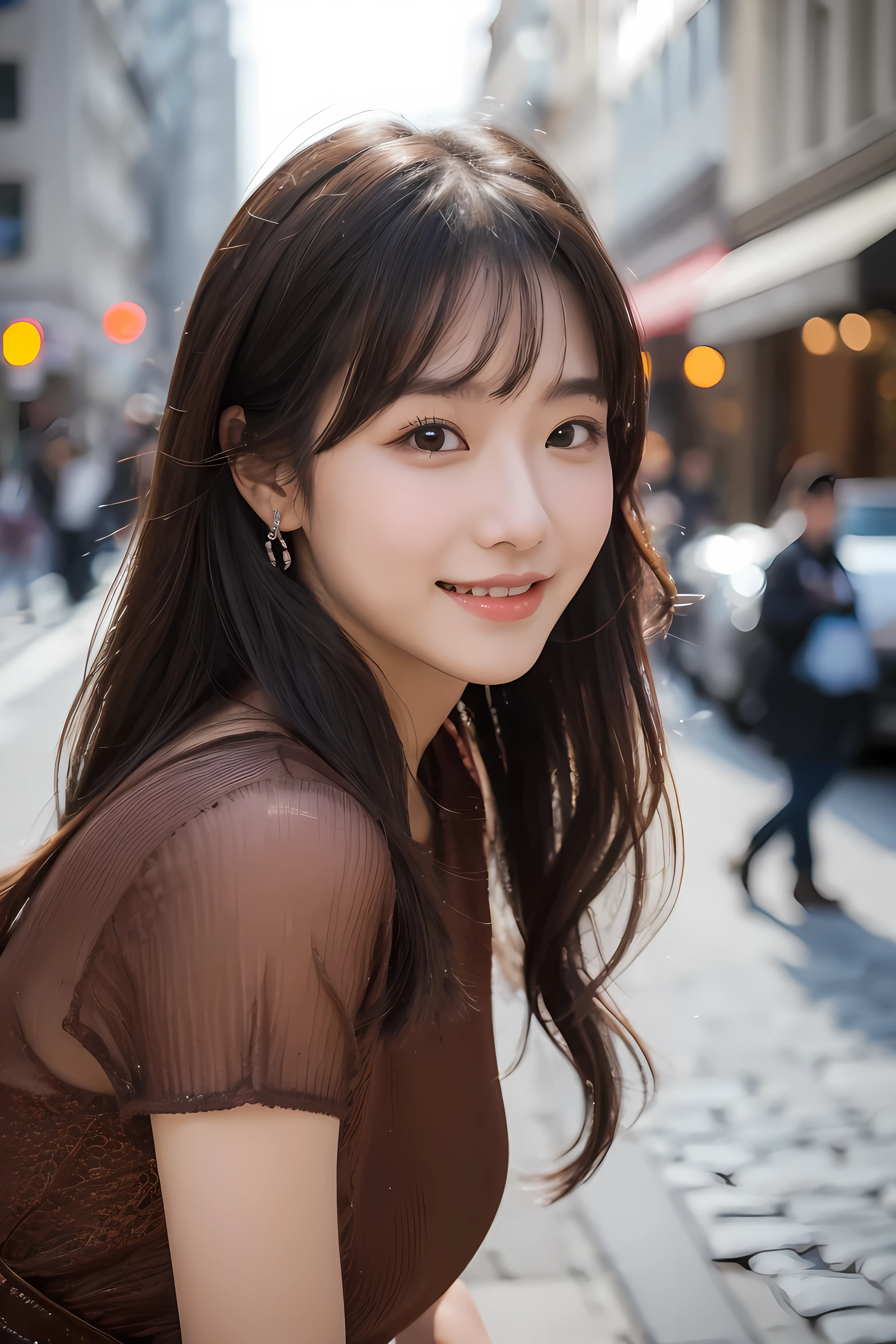 ((best quality, 8k, masterpiece :1.3)), 1 girl, smiling, whole body, face slimming, pretty Woman, (Dark brown hair), full length dress :1.1, Super detailed faces, delicate eyes, double eyelids, blurred background, face slimming, City, external, street,
