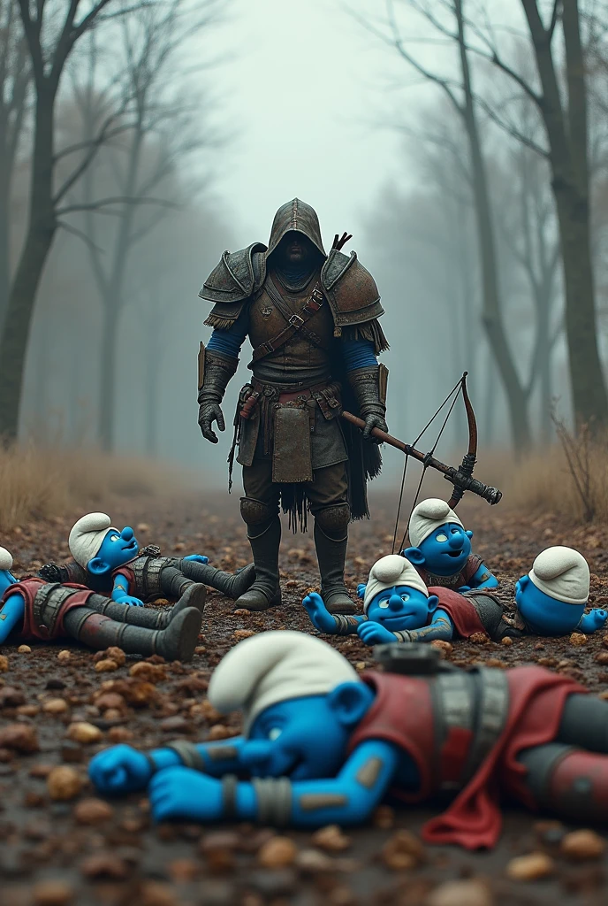 A group of 6 smurfs with papa smurf and grandpa smurf with weapons and armor from the video game rust lying motionless on the floor after being defeated by a single guy with a crossbow that is now proceeding to loot the smurfs valuables