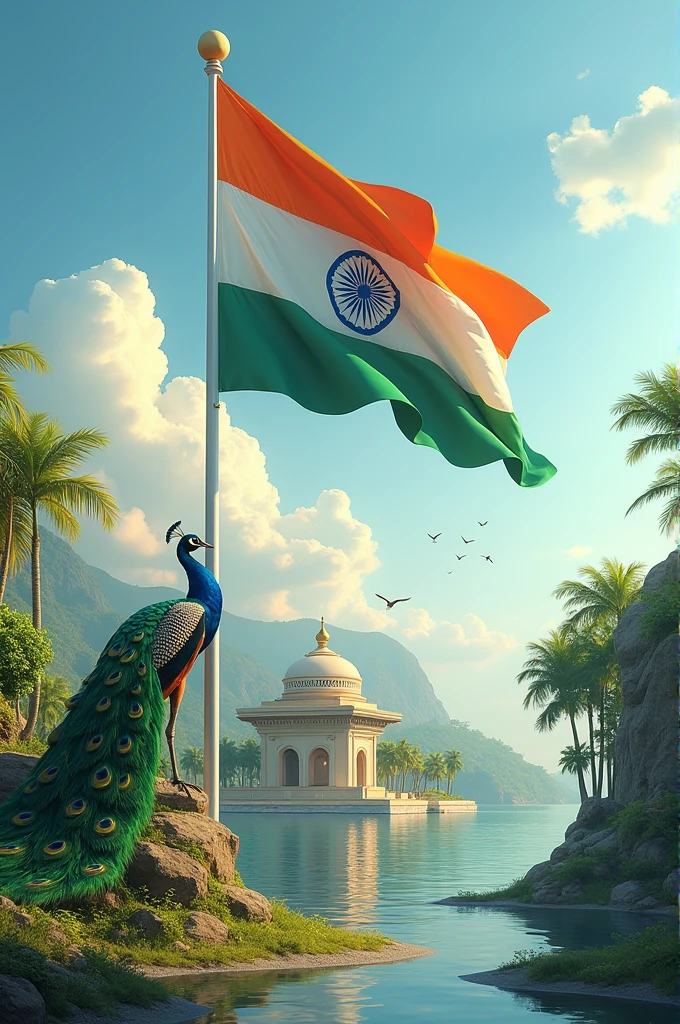 Beautiful Indian flag standing in the sky. island with beautiful peacock and Ashok chakra. Name displayed as Beautiful VEERA name on wall