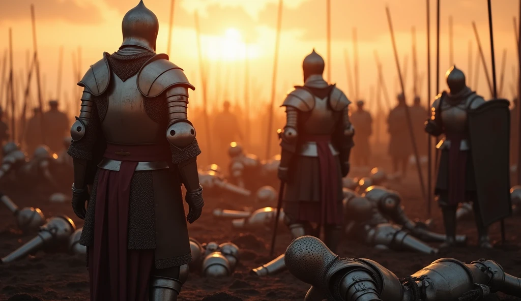 A highly realistic, high-contrast, 8K HD, detailed, hyper-detailed image of knights standing on a battlefield at dawn. The first light of day casts a somber glow over the scene, illuminating the fallen soldiers at their feet. The knights, clad in steel armor, stand in reflective silence, contemplating the heavy cost of victory and the fate of their brothers in arms. Their expressions are a mix of sorrow and resolve, capturing the emotional weight of the moment. The battlefield is strewn with the remnants of battle, and the atmosphere is both somber and reflective, emphasizing the bittersweet nature of their triumph. The image is of the highest quality, with ultra-high resolution, RAW photo quality, and Unreal Engine rendering, depicting the poignant aftermath of battle as the knights honor the fallen and consider the price of their victory.