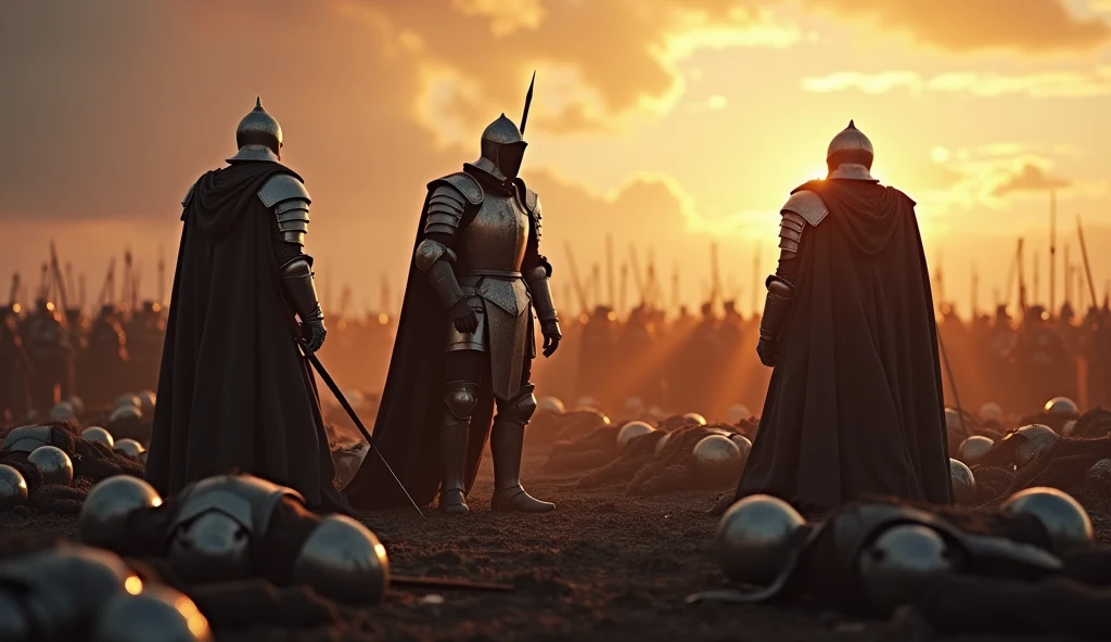 A highly realistic, high-contrast, 8K HD, detailed, hyper-detailed image of knights standing on a battlefield at dawn. The first light of day casts a somber glow over the scene, illuminating the fallen soldiers at their feet. The knights, clad in steel armor, stand in reflective silence, contemplating the heavy cost of victory and the fate of their brothers in arms. Their expressions are a mix of sorrow and resolve, capturing the emotional weight of the moment. The battlefield is strewn with the remnants of battle, and the atmosphere is both somber and reflective, emphasizing the bittersweet nature of their triumph. The image is of the highest quality, with ultra-high resolution, RAW photo quality, and Unreal Engine rendering, depicting the poignant aftermath of battle as the knights honor the fallen and consider the price of their victory.