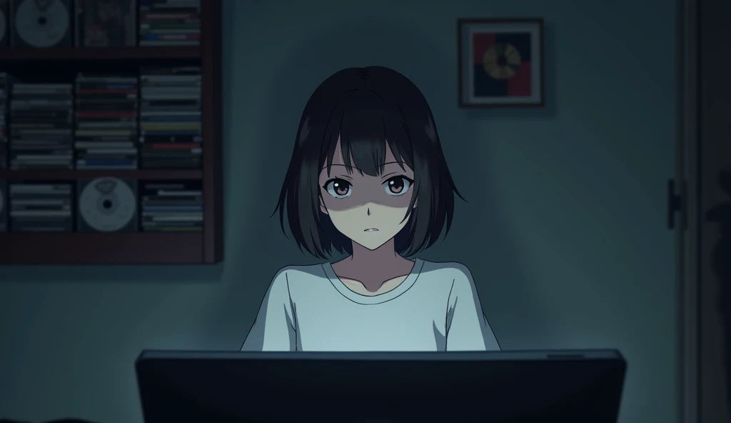 One person, View from a computer monitor,Front shot,A woman looking into a monitor,Blur the background,CD rack on the wall,A round, heavy bob haircut,19 years old,White T-shirt,Dark Room,Anime Style,High resolution, 