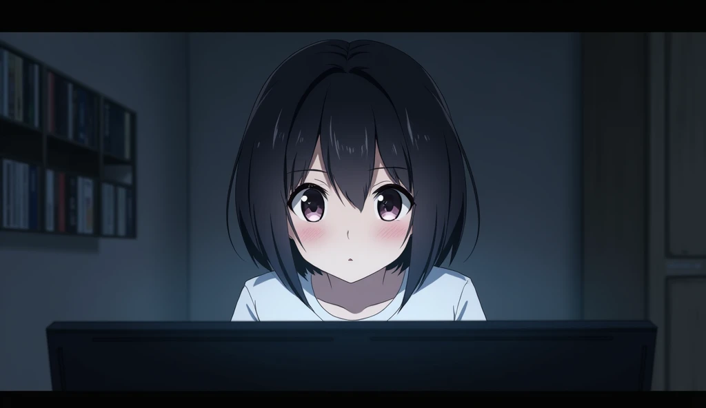 One person, View from a computer monitor,Front shot,A woman looking into a monitor,Blur the background,CD rack on the wall,A round, heavy bob haircut,19 years old,White T-shirt,Dark Room,Anime Style,High resolution,