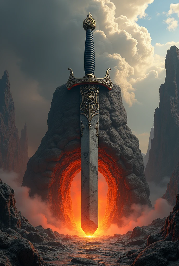 masterpiece, Highest quality, Highest quality, beautifully、(No people)、Fantasy、Lost Technology、(A massive tsuba (sword guard) that slightly protrudes from the mouth of the furnace, and the handle.)、wilderness、volcano、null、cloud、Ground cracking、big weapon、Dynamic Angle、