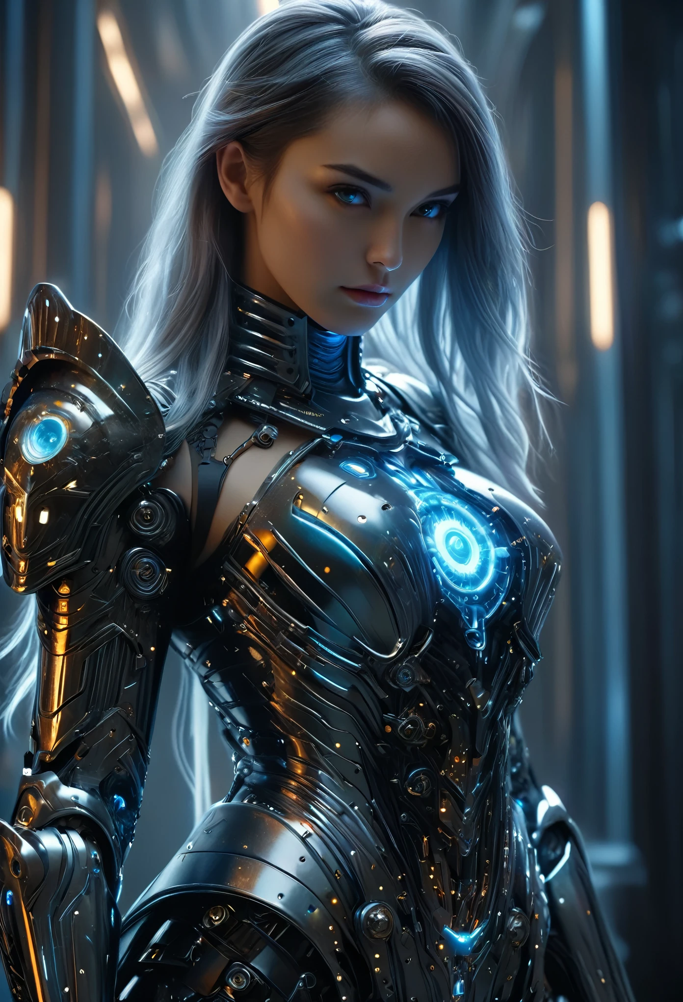 (Best Quality, 4K, 8K, High Resolution, Masterpiece: 1.2), (Super Detailed, Realistic, Photorealistic:1.37), A woman in futuristic clothing, (erotic and sexy:1.4), Trending on cgstation, Trending on cgstation, (Portrait of a girl in the Knights of the Zodiac:1.4), (blunt bangs:1.7), Cute Cyborg Girl, Perfect android girl, Portrait Astronaut Girl, Beautiful girl cyborg, Girl wearing black pale blue iridescent mechanical cyber armor, Game CG, cgsociety and fenghua zhong, Beautiful Cyborg Shrine Maiden, Bioluminescence, (Gal Gadot:0.6), Anatomically correct grip, Anatomically correct four fingers and one thumb, (long claws:1.4), erotic and sexy, A gorgeous cape with beautifully detailed embroidery, energy ball